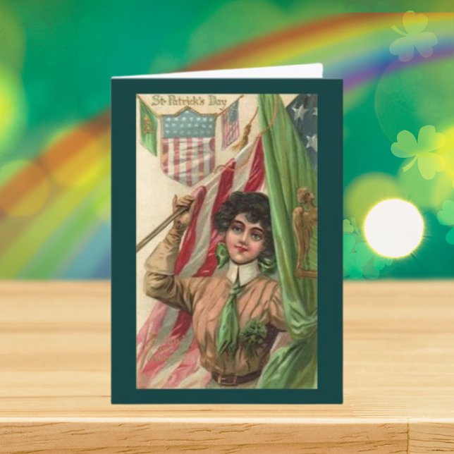 Tarjeta Dama y bandera del Día de San Patricio (Vintage St. Patrick's Day Lady and Flag Card)