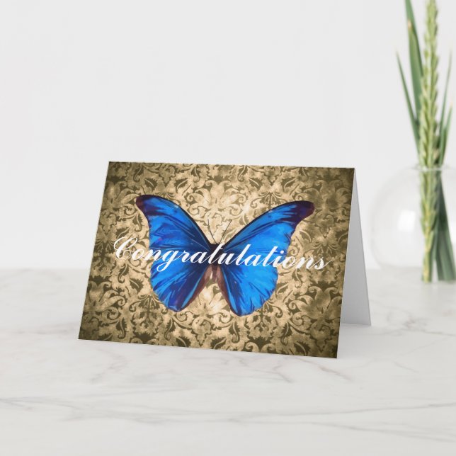 Tarjeta Damasco de mariposa azul Enhorabuena Arte de época (Anverso)