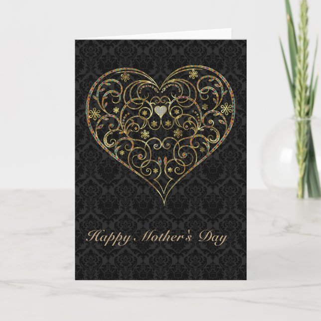 Tarjeta Damasco Negro y Día de la Madre Floral de oro (Anverso)