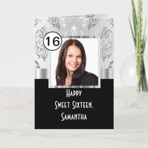 Tarjeta Damasco negro y plateado para sweet sixteen