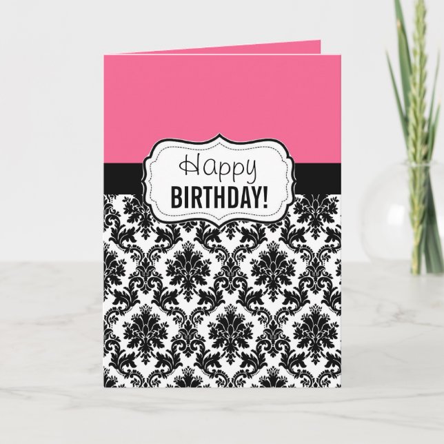 Tarjeta Damasco rosado y negro, cumpleaños (Anverso)