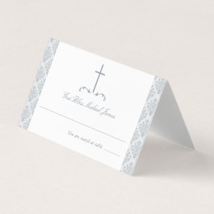 Tarjeta Damask Silver Gray primera comunión cruz religiosa