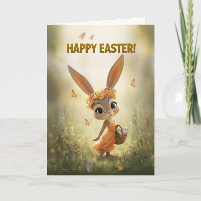 Tarjeta Dancing Bunny in Orange Dress Easter Card (Anverso)