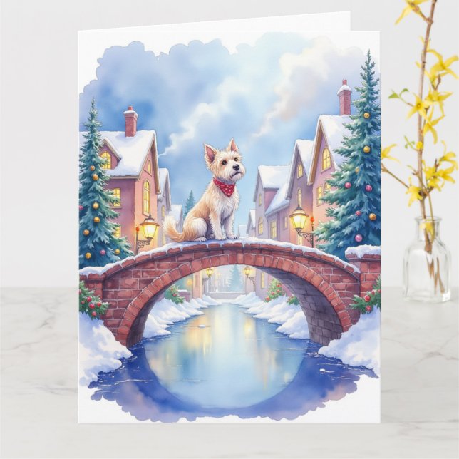 Tarjeta Dandie Dinmont Terrier Village Bridge Christmas (flor amarilla)