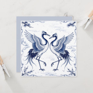 Tarjeta Danza de grullas Estilo Imari japonés azul y blanc