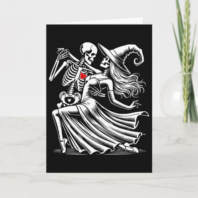 Tarjeta Danza de Romance de Esqueleto con Bruja  (Anverso)