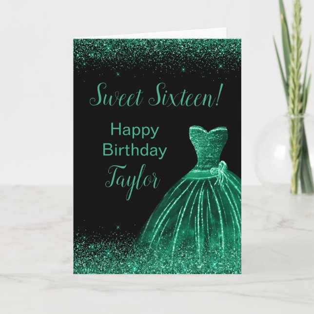 Tarjeta Dark Green Vress Faux Purpurina Sweet 16 Cumpleaño (Anverso)