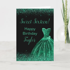 Tarjeta Dark Green Vress Faux Purpurina Sweet 16 Cumpleaño