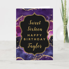 Tarjeta Dark Purple Gold Agate Sweet 16 Happy Birthday