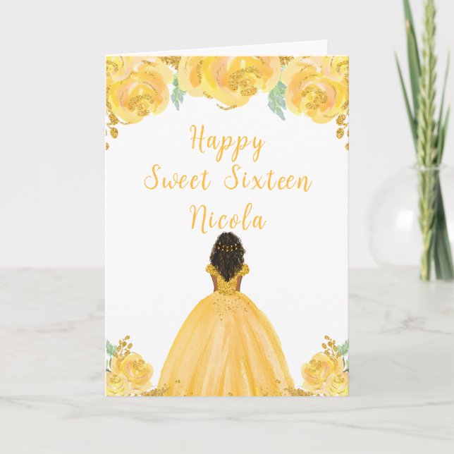 Tarjeta Dark Skin Princess Gold Sweet 16 (Anverso)