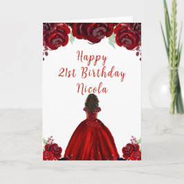Tarjeta Dark Skin Princess Red Floral Birthday