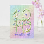 Tarjeta Daughter 18th Birthday Butterfly Garden Card<br><div class="desc">Un arcoiris de colores, flores rosadas y mariposas de lavanda llenan esta carta de cumpleaños feliz a los chicas 18 con alegría por su hija. El nombre delantero y el verso interior pueden personalizarse utilizando la plantilla proporcionada. También puedes disfrutar de los regalos a juego y otros productos disponibles en...</div>