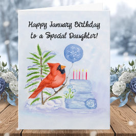 Tarjeta Daughter Happy January Birthday Cardinal with Cake