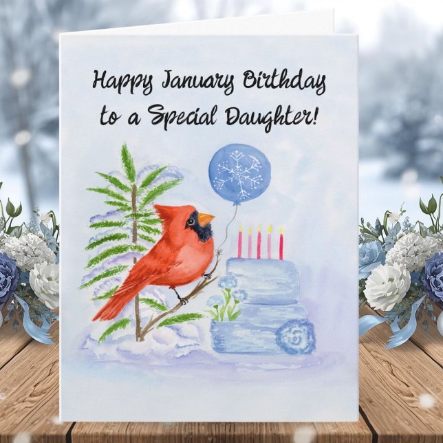 Tarjeta Daughter Happy January Birthday Cardinal with Cake (Subido por el creador)