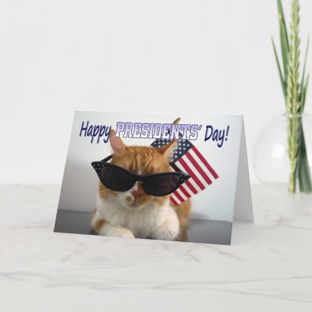 Tarjeta Day Cool Cat de presidentes felices con la bandera (Anverso)