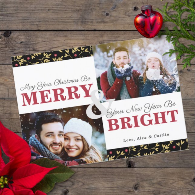 Tarjeta de 2 fotos con patrón de vegetación de vac (Pretty Merry & Bright Holiday Cards with 2 Photos (Non-Denominational) )