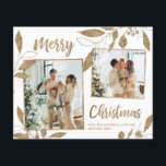 Tarjeta de 2 Navidades de fotografía con elegancia<br><div class="desc">Presupuesto, Elegante, Moderno, Blanco y Botánico Oro 2 Collages de fotos de la tarjeta navideña (delgada!). Nota: más delgado que una postal! Esta festividad, caprichosa plantilla de dos (2) fotos de la tarjeta navideña presenta un collage de fotos de bonito, hojas botánicas de Relieve metalizado de oro falsas, bayas de...</div>