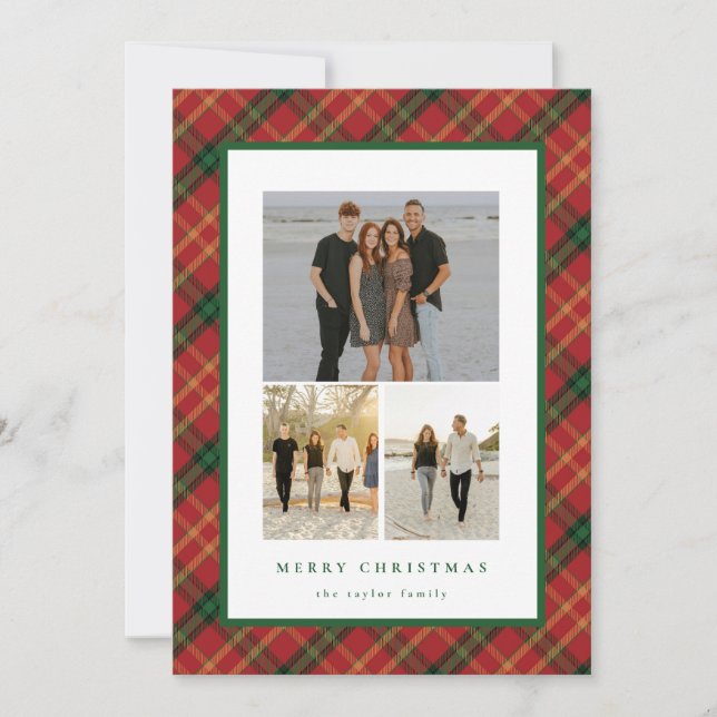 Tarjeta de 3 fotos para Navidades de Plaid clásico (Anverso)
