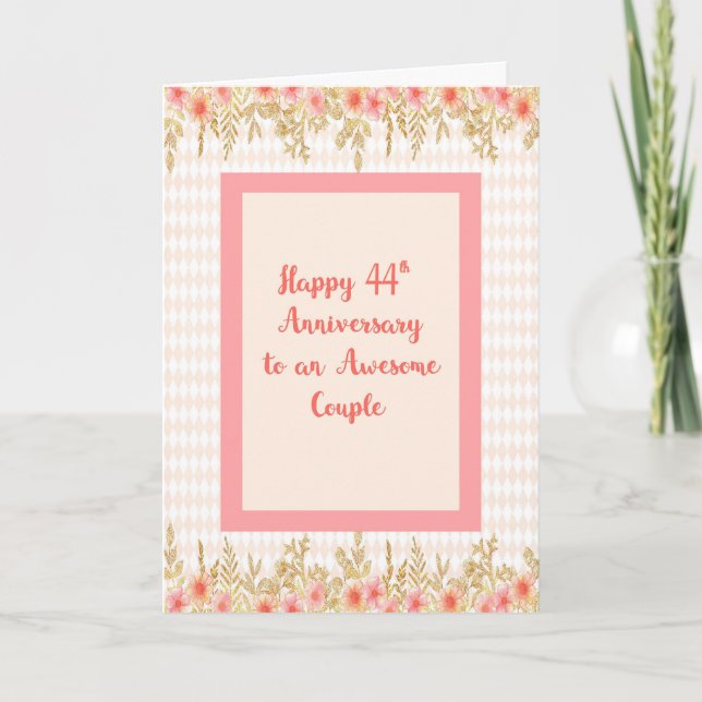 Tarjeta de 44 Aniversario, Peach with Floral Borde (Anverso)