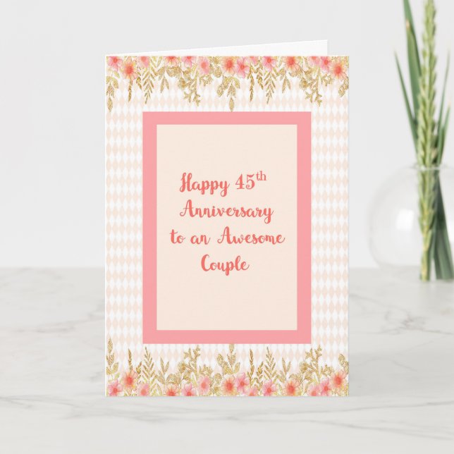 Tarjeta de 45 Aniversario en Peach with Floral Bor (Anverso)
