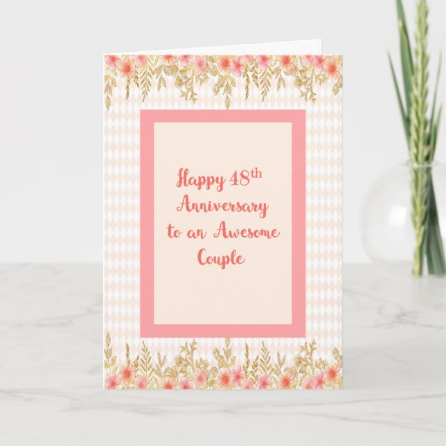 Tarjeta de 48 Aniversario en Peach with Floral Bor (Anverso)