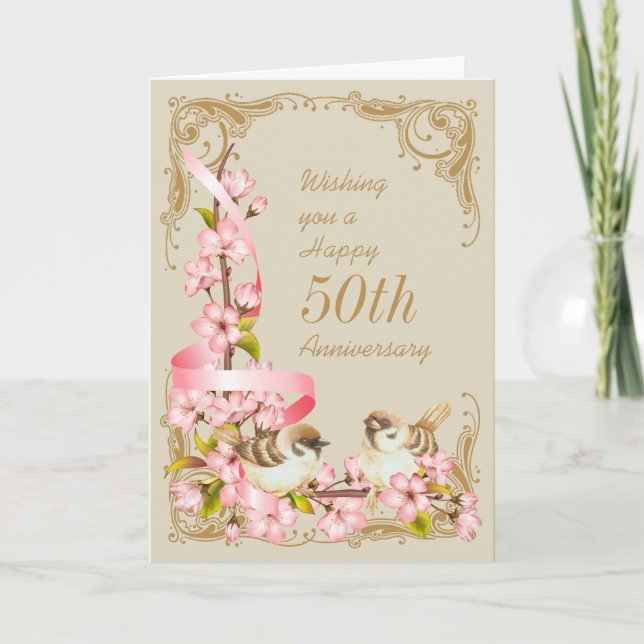 Tarjeta de 50 años de flores y aves de cerezo (Anverso)
