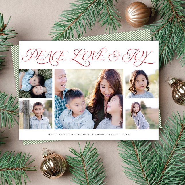 Tarjeta de 5 fotos de vacaciones Elegante Paz Amor (Subido por el creador)