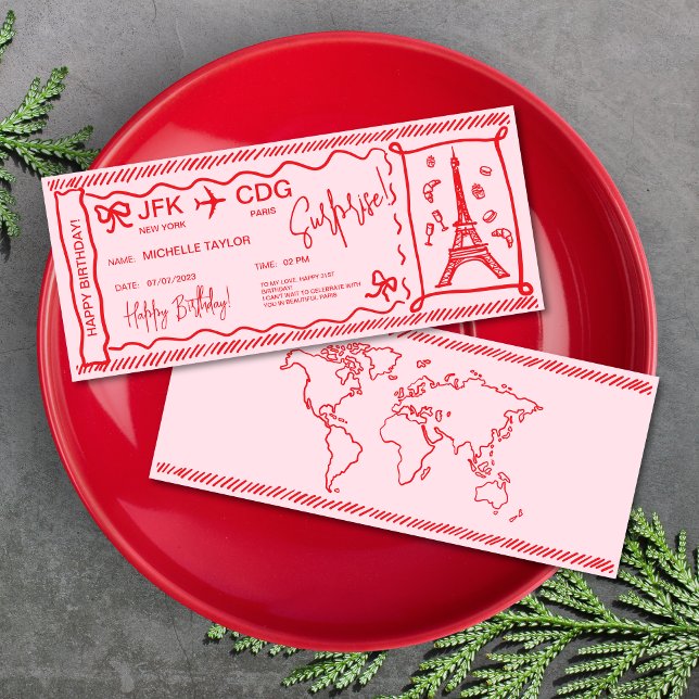 Tarjeta de abordaje de sorpresas única de París (hand drawn boarding pass ticket christmas surprise card, red on pink, paris, croissant, Eiffel tower)