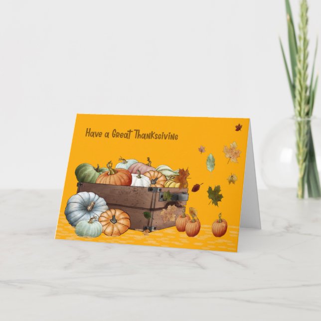 Tarjeta de Acción de Gracias con calabazas y hojas (Anverso)