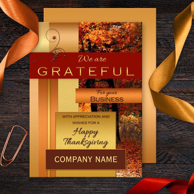 Tarjeta de Acción de Gracias Corporativa Metálica  (Business Thank You elegant gold metallic and rose gold stylized card with colorful fall forest)