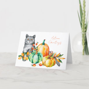 Tarjeta de Acción de Gracias Gato Gris y Calabazas