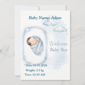 Tarjeta de Acuarela Azul - Bienvenida Bebé Niño