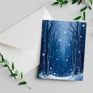 Tarjeta de Acuarela Bosque Invernal Azul con Nieve