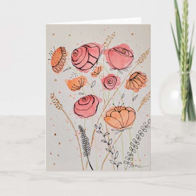 Tarjeta de acuarela con doodle floral fresco (Anverso)