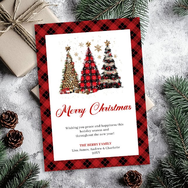 Tarjeta de acuarela de árbol de Navidad con estamp (Chic Gold Leopard Christmas Tree Watercolor Card)
