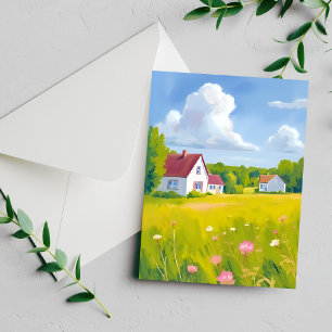 Tarjeta de Acuarela de Casa de Campo con Campo Ver