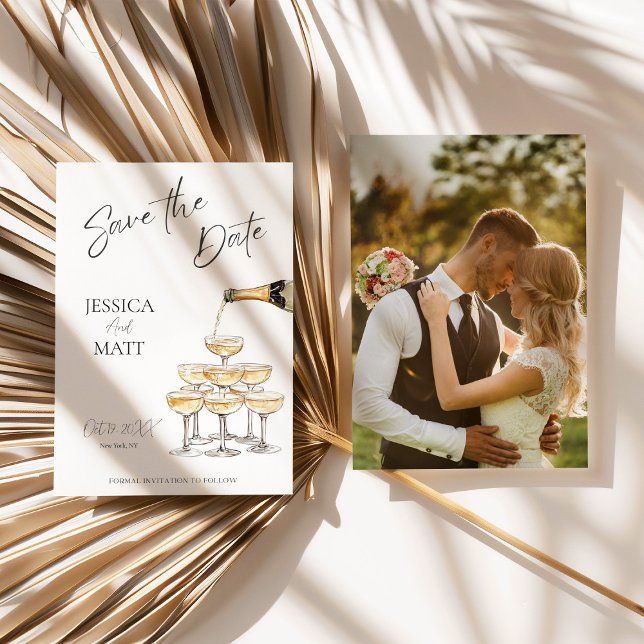 Tarjeta de Acuarela de Champagne para Guardar la F (Champagne Tower Save the Date)