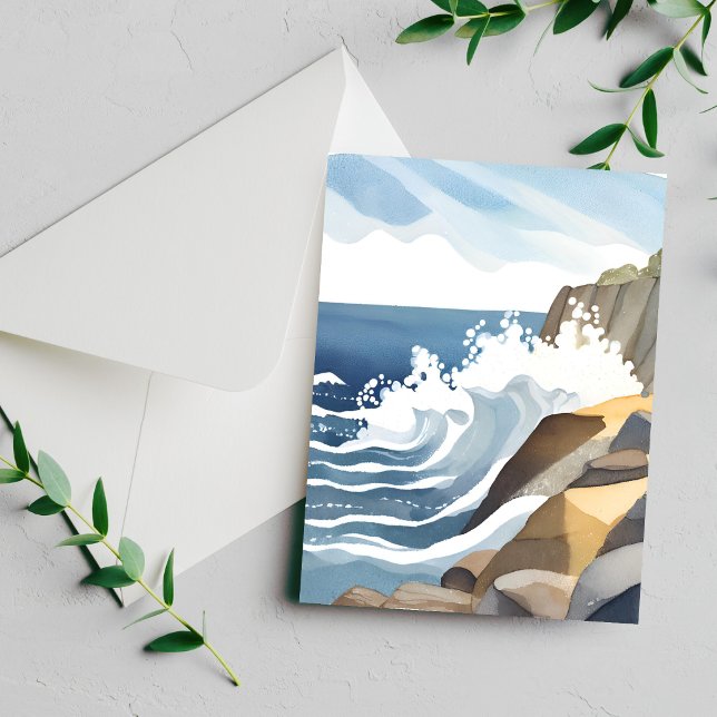 Tarjeta de Acuarela de Costa Rocosa con Olas que R (Subido por el creador)