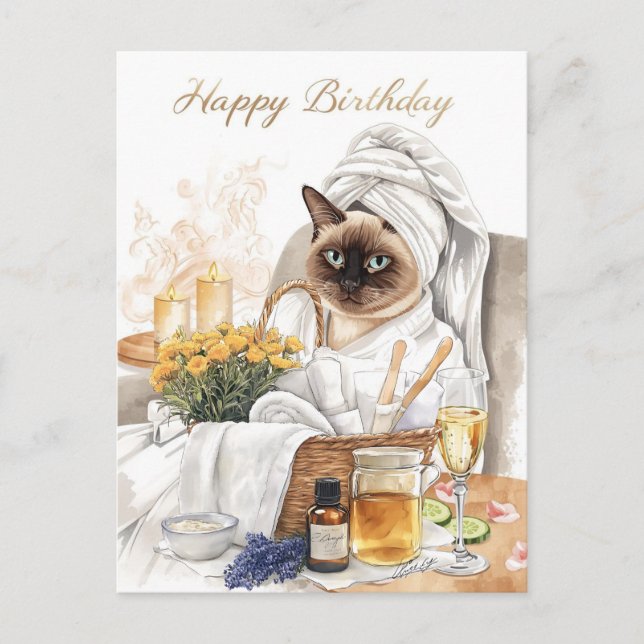 Tarjeta de acuarela de día de spa - Gato siamés gl (Anverso)