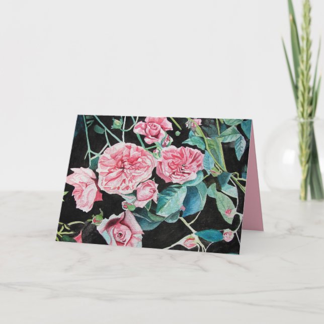 Tarjeta de acuarela de flores de rosas rosadas (Anverso)