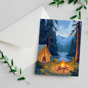 Tarjeta de Acuarela de Fogata de Campamento de Bos