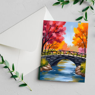 Tarjeta de acuarela de follaje otoñal del puente d
