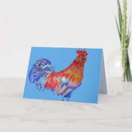Tarjeta de Acuarela de Gallo Azul Rojo Pollo Ave