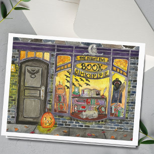 Tarjeta de Acuarela de Gato y Librería de Hallowee