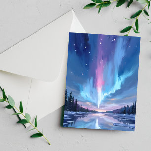 Tarjeta de acuarela de la aurora boreal luces del 