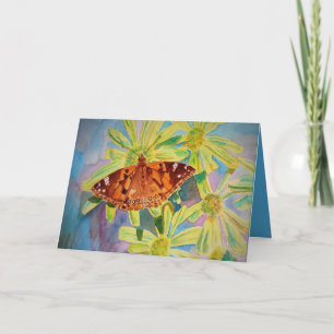 Tarjeta de acuarela de mariposa hermosa y margarit