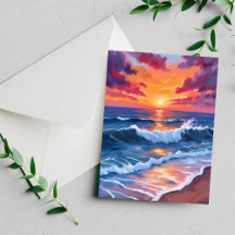 Tarjeta de acuarela de olas de playa al atardecer 