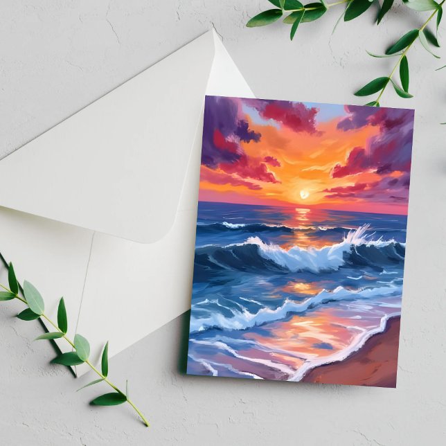 Tarjeta de acuarela de olas de playa al atardecer  (Subido por el creador)