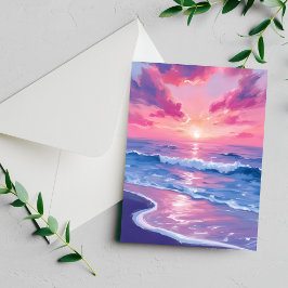 Tarjeta de acuarela de olas de puesta de sol del o