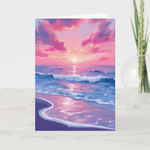 Tarjeta de Acuarela de Olas de Puesta de Sol en Oc